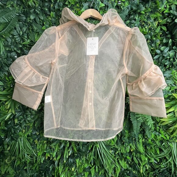 Hesperus Tops Women Medium Beige Khaki Blouse Button Front Ruffle Sheer 0168 - Picture 6 of 6